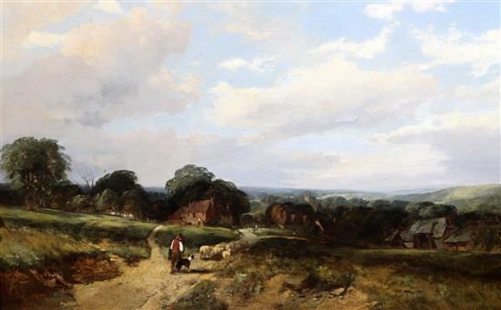 Henry Jutsum (1812-1888) Shepherd on a lane, approaching a village 17 x 27.5in.